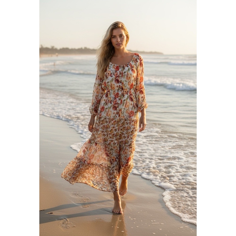 Figueroa &‎ Flower Maxi Dress Womens XL Tiered Floral Boho Peasant CottageCore